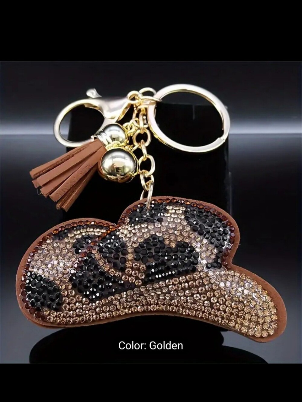Western Cowgirl Hat Crystal Rhinestone Keychain Bag Charm With Tan Tassel